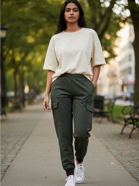 Ann Taylor Deep Olive Cargo Jogger Pants with Elastic Waist